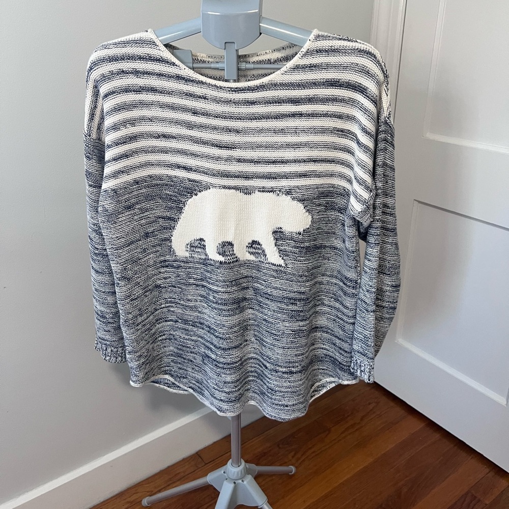 Women's Blue and White Sweater with Bear Design